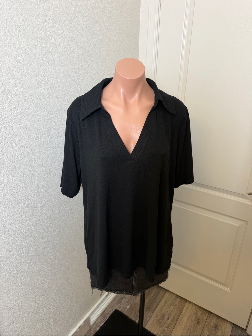 NWT Ava & Viv Black V-Neck Collared Ribbed Top Sz XXL